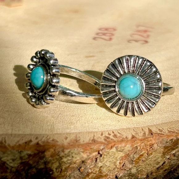 Bohemian Shabby Chic Faux Turquoise Statement Ring Set Trendy Unique 7.5/8 - Picture 3 of 7